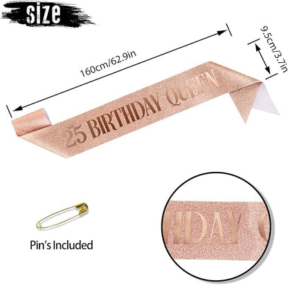 25 Birthday Queen 25th Birthday Sash for Women, Rose Gold Glitter Sash with Foil