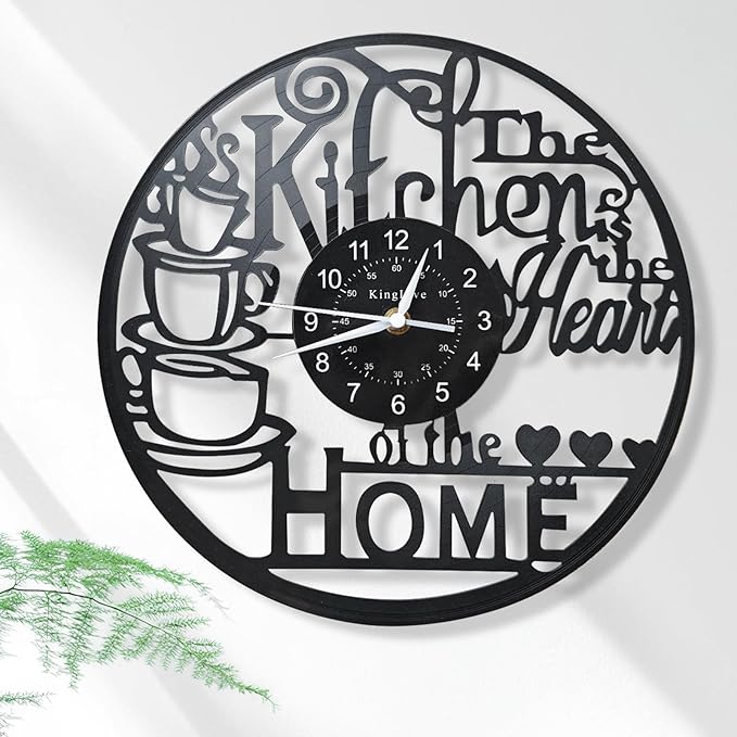 KingLive 12 Inch Kitchen Clocks Vinyl Record Clock, Creative Kitchen Home Decor, Coffee Wall Decor Theme for Restaurant Café, Gift for Women Wives(Black Coffee Cup)
