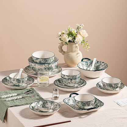 36-Piece Ceramic Dinnerware Set, Service for 6, Vintage Green Rose Floral Plates and Bowls Sets, Microwave & Dishwasher Safe, Porcelain Dinnerware Set for Kitchen & Dining