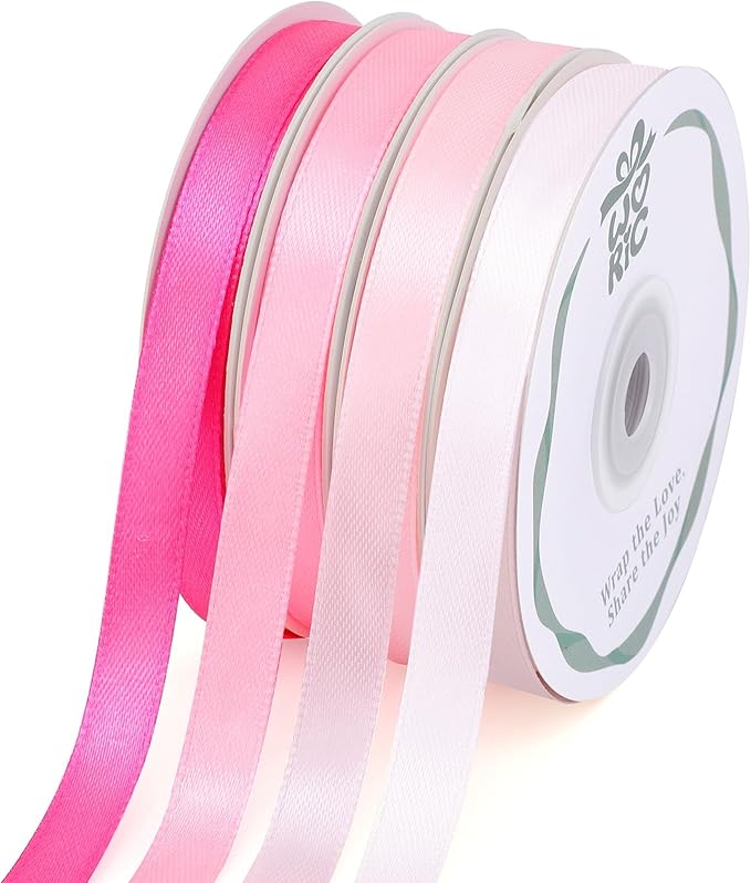 woric 120 Yards Pink Satin Ribbon 3/8 Inch x 4 Rolls, 30 Yd/Roll Mothers Day Craft Thin Ribbon for Graduation Leis Gift Wrapping Hair Bows Baby Bridal Shower Wedding Decor