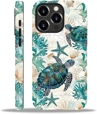 for iPhone 14 Pro Max Case,HH2 Ocean Sea Turtle Nautical Map Hybrid 2 Layer Hard Shell Silicone Protective Pattern Design Case
