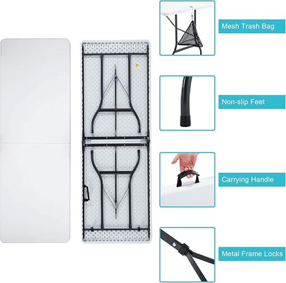 VECELO 6Ft Folding Table,Indoor Outdoor Portable Picnic Plastic Table with Mesh Trash Bag,Heavy Duty Foldable Camp Desk with Handle Legs for Dining Wedding&Party,Pearl White