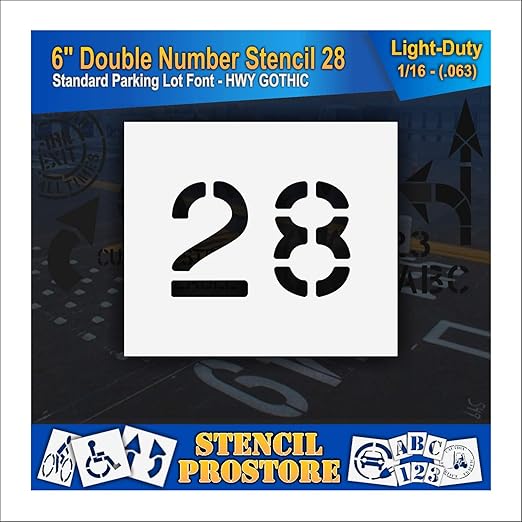 Pavement, Curb, and WheelStop Stencils - 6 inch Double Number Stencil - (28) - 6" x 9" x 1/16" (63 mil) - Light-Duty
