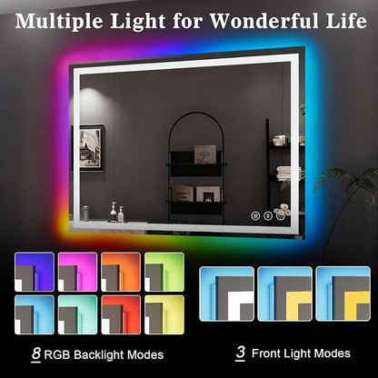 WTTY LED Bathroom Mirror 48"x36" with RGB Backlit and Front Light,Stepless Dimmable LED Mirror for Bathroom,Colored Lighted Bathroom Vanity Mirror,Anti-Fog,Memory Function,Shatter-Proof