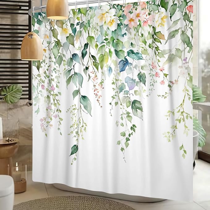 Sage Green Eucalyptus Shower Curtain Watercolor Botanical Floral Leaves Shower Curtain Set Spring Nature Bathroom Decor with 12 Hooks,72x96 Inches