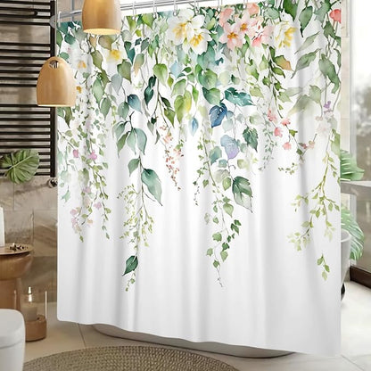 Sage Green Eucalyptus Shower Curtain Watercolor Botanical Floral Leaves Shower Curtain Set Spring Nature Bathroom Decor with 12 Hooks,72x96 Inches