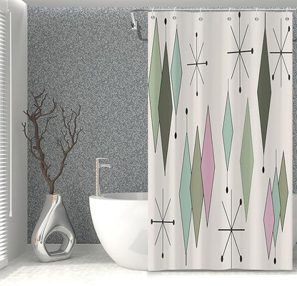 Mid Century Shower Curtain Modern Abstract Green Pink Diamond Geometric Atomic Starburst Pattern for 1950s Retro Bathroom Decor Accessories Shower Curtain Set with 12 Hooks, 36x72 Inches