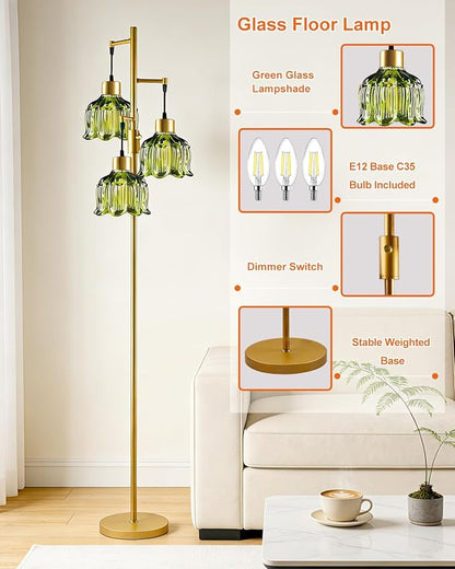 Lightdot 3-Light Floral Floor Lamp 65'' Dimmable Floor Flower Lamp with Green Glass Shade& Bulbs Included, Mid Century Standing Tall Lamp with 5Lbs Heavy Base for Living Room/Bedroom/Sofa Beside-Gold