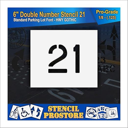 Pavement, Curb, and WheelStop Stencils - 6 inch Double Number Stencil - (21) - 6" x 6" x 1/8" (128 mil) - Pro-Grade