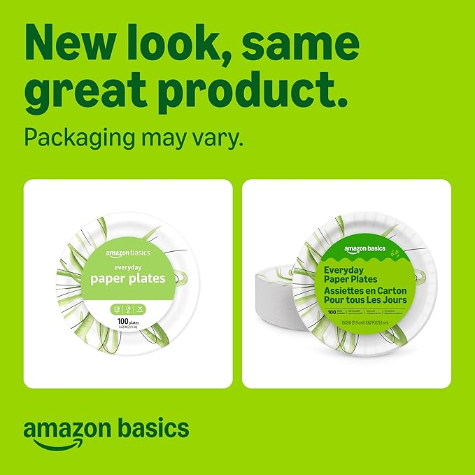 Amazon Basics Everyday Paper Plates, 8.62 Inch, Disposable, 100 Count, Packaging May Vary