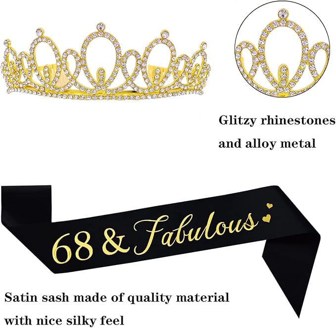 Happy 68th Birthday Tiara and Sash Gifts Crystal Rhinestone Princess Crown Birthday Women Party Favor Supplies Gold Crowns Black Sash