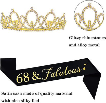 Happy 68th Birthday Tiara and Sash Gifts Crystal Rhinestone Princess Crown Birthday Women Party Favor Supplies Gold Crowns Black Sash