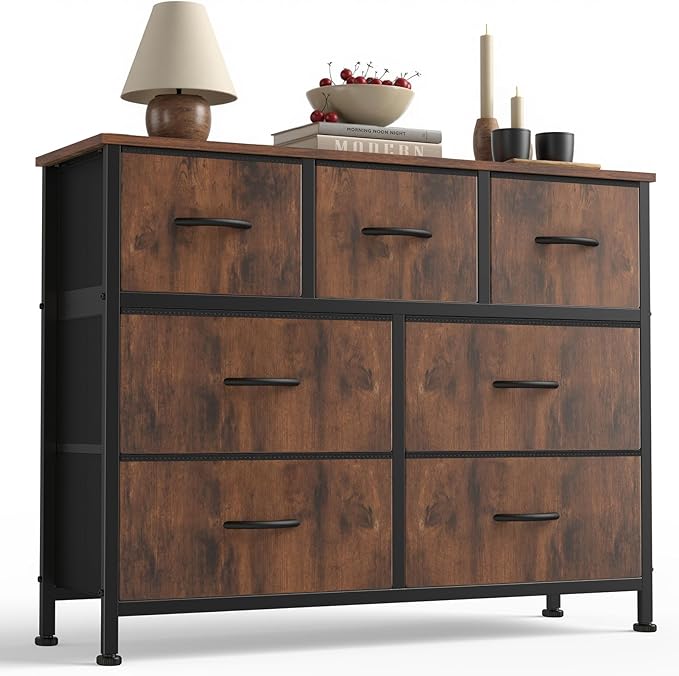 Sweetcrispy 7 Drawer Dresser with Fabric Bins Fabric Storage Tower Organizer for Bedroom Closet Hallway Entryway Tall Chest of Drawers with Steel Frame Wood Top Easy Pull Handles,Rustic Brown