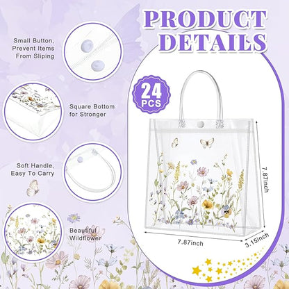 Kacctyen 24 Pcs Wildflower Gift Bags Wildflower Theme Clear PVC Bags with Handles Flower Party Favors for Wedding Birthday Baby Shower Party Supplies Return Gift Wrap Totes for Guests