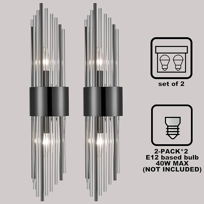 2-Light Modern Wall Sconce Titanium Black Metal with Clear Class Crystal Vanity Wall Sconce Lighting for Bedroom Living Room Bathroom Light Fixtures Set of 2