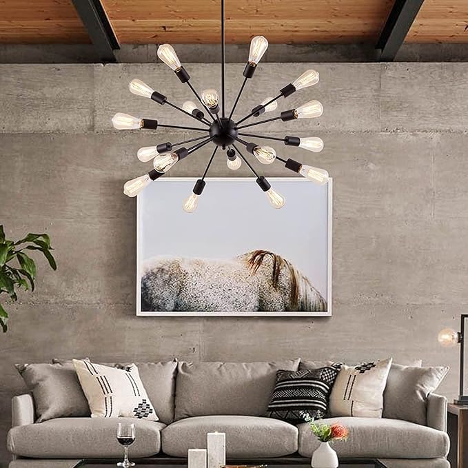 Sputnik Chandeliers Black, Modern 18-Light Farmhouse Pendant Light Mid Century Starburst Lighting Vintage Industrial Ceiling Hanging for Living Dining Room, Bedroom, Kitchen Island, Foyer, Hallway
