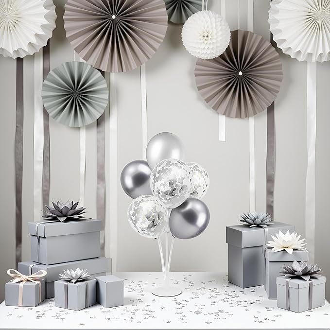 ZJDHPTY Silver and Gray Party Decorations,4 Set Balloon Stand with Pump and Silver Gray Balloons for 25th Birthday 25th Anniversary Wedding Bridal Shower Graduation New Year Party Supplies
