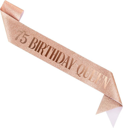 75 Birthday Queen 75th Birthday Sash for Women, Rose Gold Glitter Sash with Foil