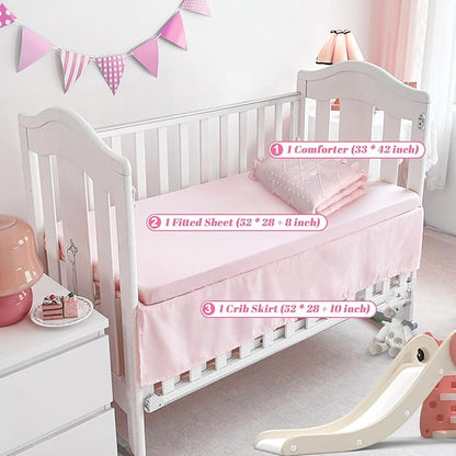 Wowelife Baby Girl Crib Bedding Set, Boho 3-Piece Crib Comforter Set for Girls, Ruffle Baby Nursery Bedding Set Include Quilted Comforter, Crib Skirt and Sheet, Pink