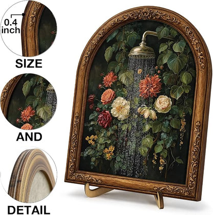 Vintage Floral Shower Table Decor Sign Framed, Vintage Botanical Flower Wall Art Sign, Nature Inspired Bathroom Wall Decor for Wall Home Living Room 8x10 Inch