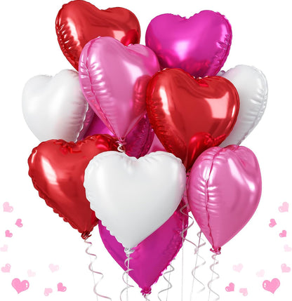 TAOYE Red Pink Heart Balloons, 18 Inch 12 Pcs Red Hot Pink Mylar Heart Shape Balloons Red White Foil Heart Balloons Red Pink and White Party Balloons for Birthday Wedding Bridal Valentine Anniversary