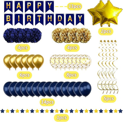 Navy Blue and Gold Happy Birthday Decorations with Banner, Paper Pompoms for Boys, Girls, Men, Women - Party Decorations Supplies