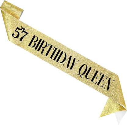 57 Birthday Queen 57th Birthday Sash for Women, Gold Glitter Sash with Black Foil