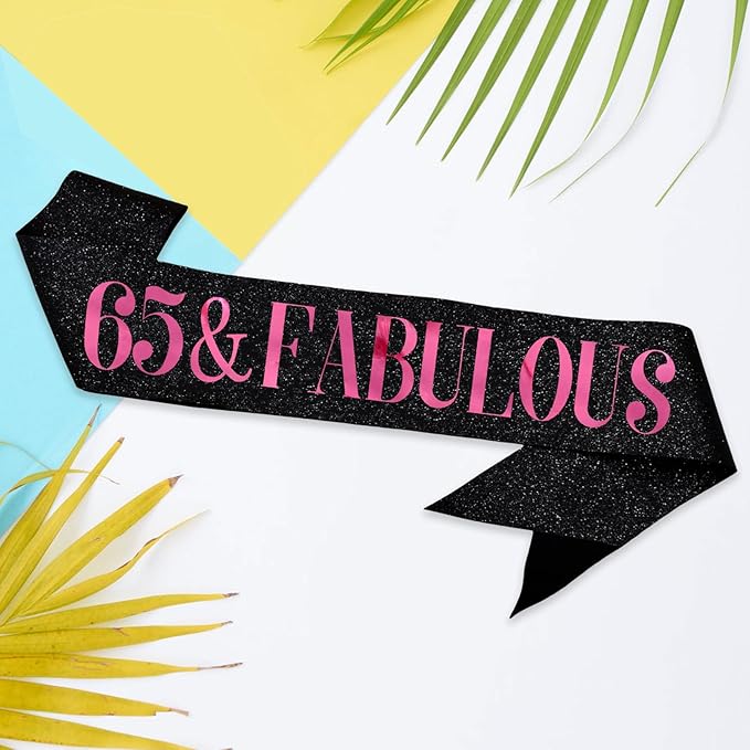 65 & Fabulous Sash, Funny 65th Birthday Sash for Women 65th Bday Party Photo Prop Favors Suppiles, Pink Foil Letter, Glitter Black