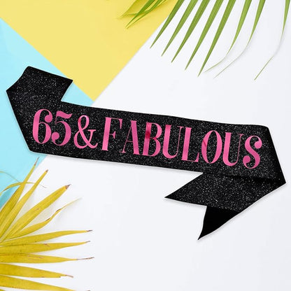 65 & Fabulous Sash, Funny 65th Birthday Sash for Women 65th Bday Party Photo Prop Favors Suppiles, Pink Foil Letter, Glitter Black