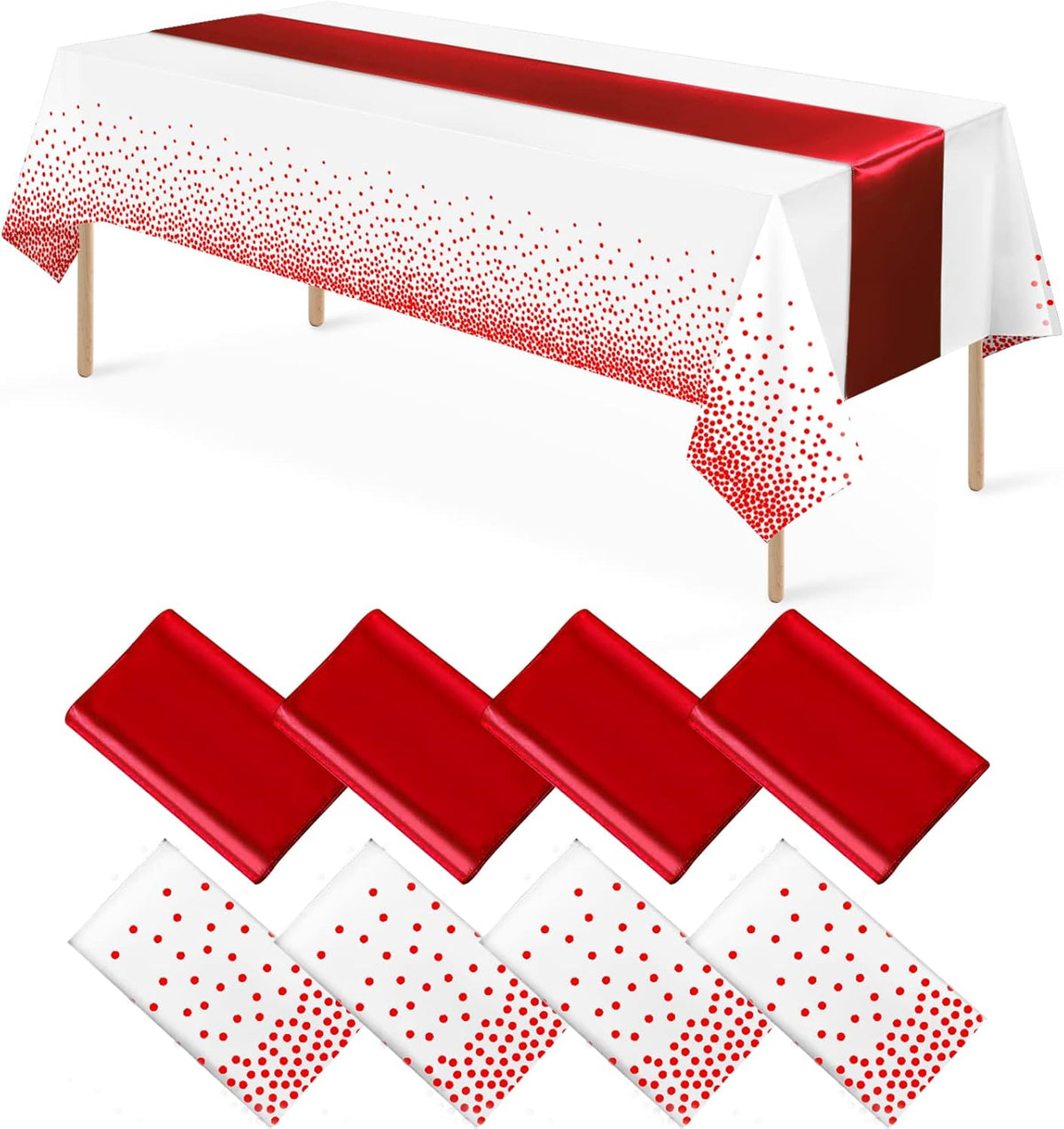 8Pack Disposable Plastic Tablecloths and Satin Table Runner Set White and Red Dot Tablecloth Red Satin Table Runner for Wedding Birthday Baby Shower Anniversary Christmas New Year Party Supplies