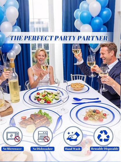 WDF 12 Inch Disposable Charger Plates - 25Pack Plastic Clear and Blue Charge Plates Perfect for Passover/Easter/Dinner/Wedding/Party/Elegant Tabletop Decor