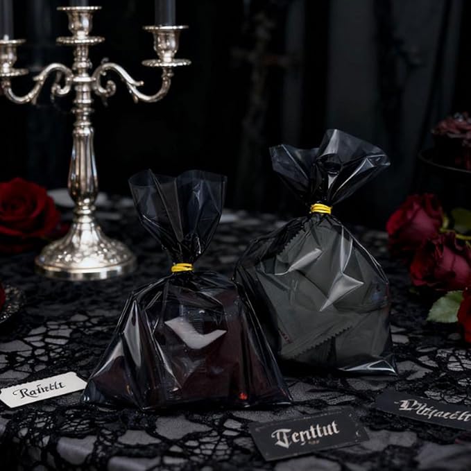 AimtoHome Cellophane Treat Bags Black, 9x6 inches, 50 Pack with Ties,Small Party Favors bags for Cookie Candy Popcorn