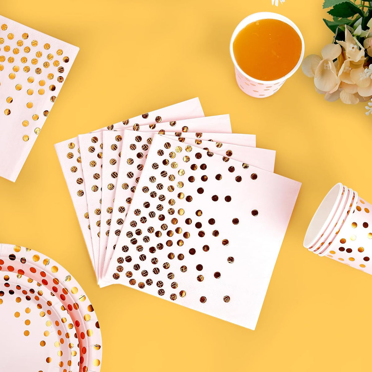 Pink and Gold Party Supplies - 350 PCS Disposable Dinnerware Set - Pink Paper Plates Napkins Cups, Gold Plastic Forks Knives Spoon for Graduation, Birthday, Thanksgiving, Cocktail Party