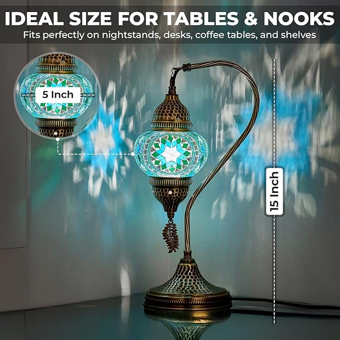 DEMMEX Turkish Moroccan Table Lamp, Swan Neck Tiffany Style Mosaic Glass Table Desk Bedside Lamp for Bedroom, Living Room – Handcrafted in Turkey, Aqua Blue