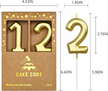 2.76 Inch Classical Gold 12 Number Birthday Candles, Gold and Cake Number Candles for Party Celebration
