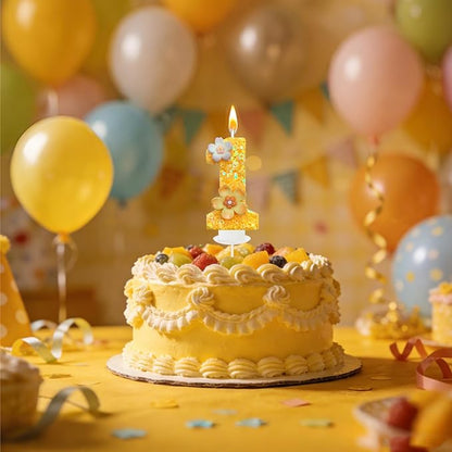 Yellow Birthday Candle, Flower Number Birthday Candles for Cake, Ideal Birthday Parties Cake Decor, Wedding Anniversary and Other Celebrations (1 Candle, Yellow)