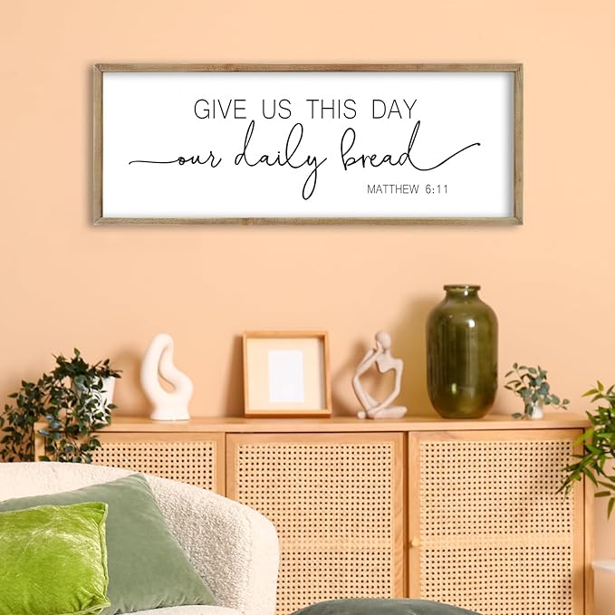 FZMHASLWW Dining Room Wall Decor Bible Verse Give Us This Day Our Daily Bread Christian Sign Plaque 32"×12" Matthew 6:11 for Farmhouse Kitchen Large Rustic Vintage Horizontal Wall Hanging Art (Wood)