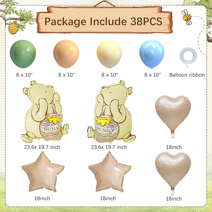Classic Winnie Bear Baby Shower Birthday Decorations Balloons, 3D Vintage Original Pooh Bear Helium Balloons with Heart Star for Boys Girls Baby Shower Birthday Gender Reveal Large 23Inch