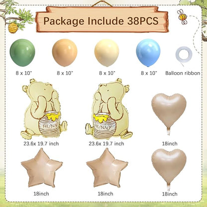 Classic Winnie Bear Baby Shower Birthday Decorations Balloons, 3D Vintage Original Pooh Bear Helium Balloons with Heart Star for Boys Girls Baby Shower Birthday Gender Reveal Large 23Inch