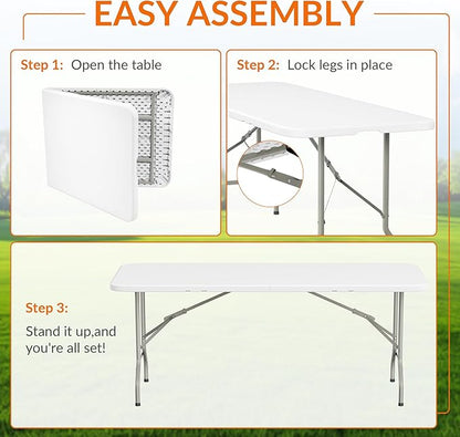 Elevon Folding Table Set with 8 White Folding Chairs,6 Feet Heavy Duty Fold-in-Half Utility Table Sets for Picnic, Event, Training, Outdoor Activities, at Home and Commercial Use