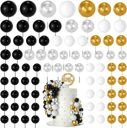 NACHLYNN 80 Pcs Cake Balls Decorations Mini Balloon Cake Topper Balls Foam Cupcake Toppers Balls for Cake Decorating Birthday Parties Weddings Anniversary (Black Silver Gold Series)