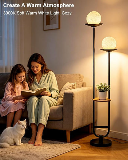 Lightdot 63IN Black Floor Lamp with U Pole, 2 Globe Mid Century Standing Lamps Dimmable with 3000K Warm White LED Bulbs& Grey Shade, Unique Vintage Tall Floor Lamp for Living Room/Wedding/Party