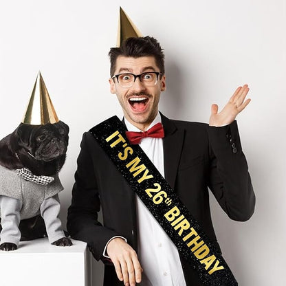 It's My 26th Birthday Sash for Men Women, Black Glitter Sash with Gold Foil