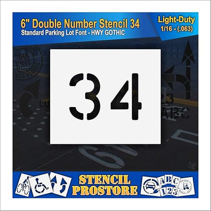 Pavement, Curb, and WheelStop Stencils - 6 inch Double Number Stencil - (34) - 6" x 9" x 1/16" (63 mil) - Light-Duty