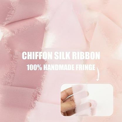 Pink Chiffon Ribbon 1.5 Inch x 21Yds Handmade Fringe Chiffon Silk Ribbon Dusty Rose/Blush/Pink Frayed Chiffon Ribbon for Wedding Invitation Flower Bouquets Gift Wrapping Bridal Shower Baby Shower