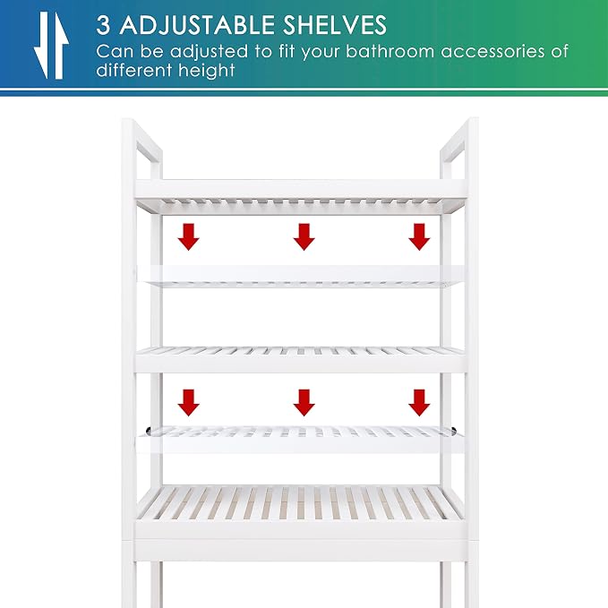SMIBUY Bathroom Storage Shelf, Bamboo Over-The-Toilet Organizer Rack, Freestanding Toilet Space Saver with 3-Tier Adjustable Shelves (White)