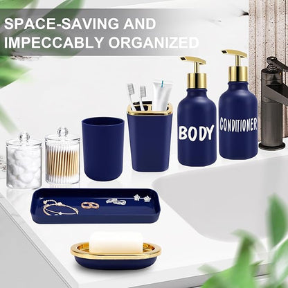 XLHOMO Navy Blue Bathroom Accessories Set -10 Piece Bathroom Accessory Set with Trash Can, Soap Dispenser, Soap Dish, Toothbrush Holder and Cup, Toilet Brush, Qtip Holder, Bathroom Decor Sets Complete