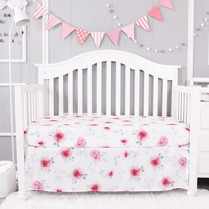 Belsden Pack of 3 Floral Fitted Crib Sheet Set for Baby Girl, Universal Fits Standard Size Crib and Toddler Mattress 28" x 52", Soft Breathable and Machine Washable, Floral Purple & Pink & Pink Rose