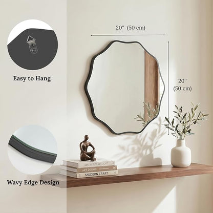 PERFNIQUE Black Scalloped Mirror, 20'' Round Wall Mirrors Wavy Wood Framed for Bathroom Nursery Bedroom Living Room Entryway, Decorative Modern Wall Decor