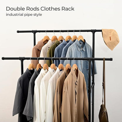 FOUCSSOMEI Heavy Duty Clothes Rack, Rolling Clothing Rack, Garment Rack with Wheels, Double Rod, Max 400Lbs, Black